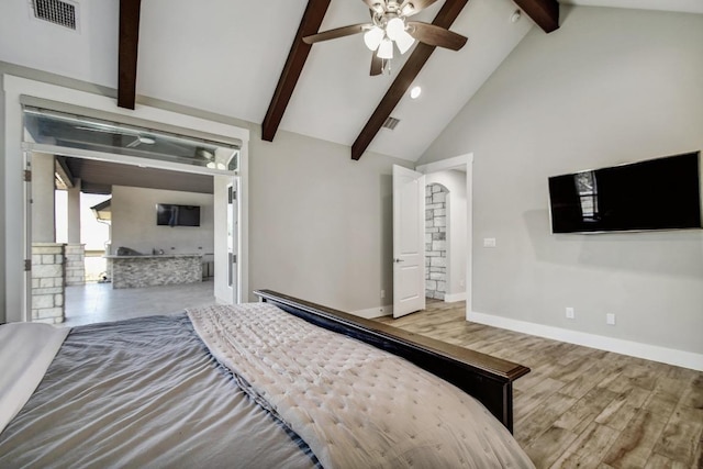1609 Havenwood Blvd, New Braunfels, TX 78132 - bedroom with beamed ceiling, wood finished floors, baseboards, recessed lighting, and a ceiling fan