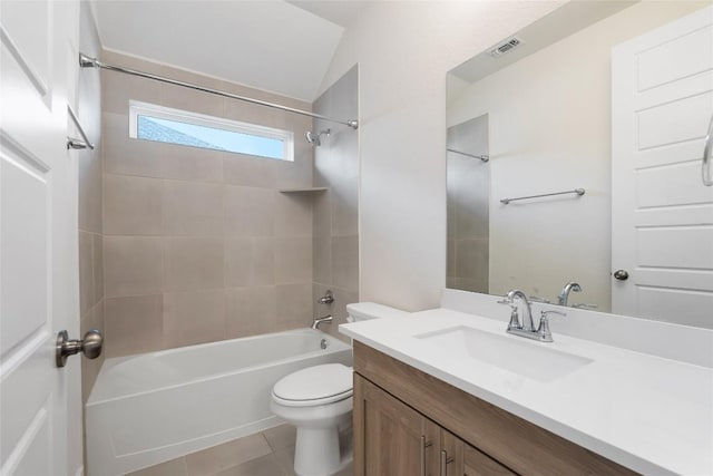 105 Lemuel Crawford Trl, Bastrop, TX 78602 - bathroom with vanity, tile patterned flooring, toilet, visible vents, and shower / bathing tub combination