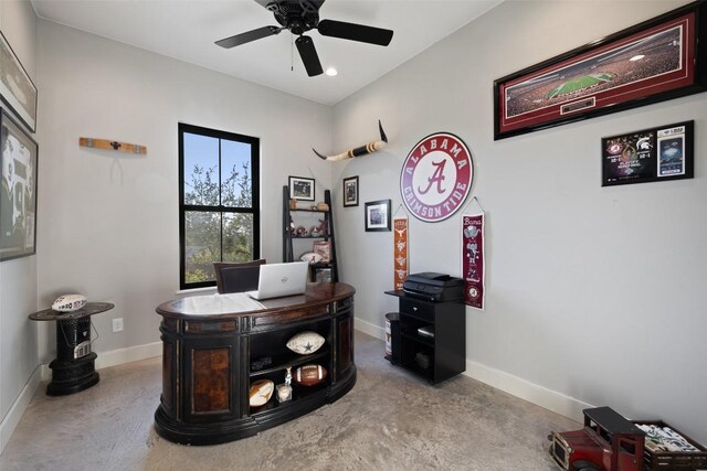 468 Cedar Mountain Dr, Marble Falls, TX 78654 - office area featuring concrete flooring, a ceiling fan, and recessed lighting