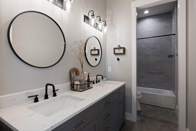 468 Cedar Mountain Dr, Marble Falls, TX 78654 - bathroom featuring double vanity, finished concrete flooring, and washtub / shower combination
