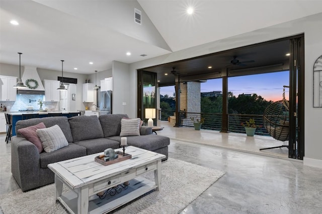 468 Cedar Mountain Dr, Marble Falls, TX 78654 - living area featuring a ceiling fan, recessed lighting, lofted ceiling, and concrete floors