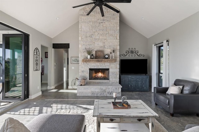 468 Cedar Mountain Dr, Marble Falls, TX 78654 - living area featuring a ceiling fan, high vaulted ceiling, and a fireplace