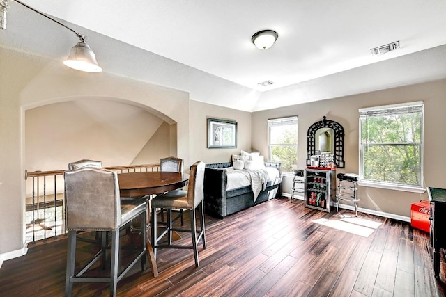 21940 Agarito Ln, Spicewood, TX 78669 - bedroom featuring dark wood-type flooring, baseboards, and lofted ceiling
