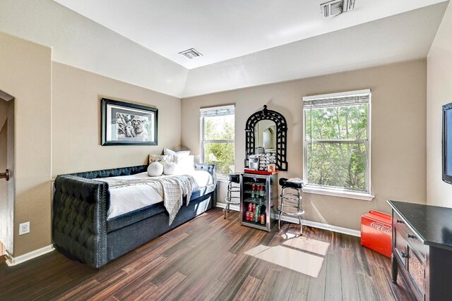 21940 Agarito Ln, Spicewood, TX 78669 - bedroom featuring multiple windows, baseboards, and dark wood-style flooring