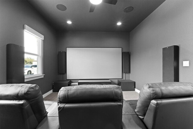 home theater room with baseboards, ceiling fan, carpet flooring, and recessed lighting