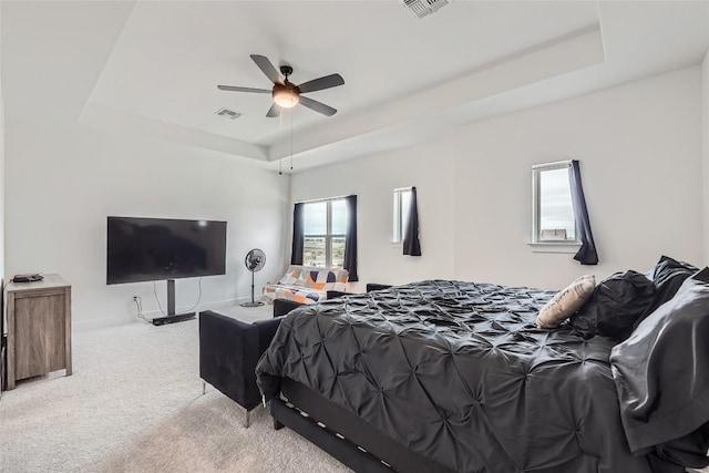 650 Texas Sage Loop, Buda, TX 78610 - bedroom with ceiling fan, visible vents, a tray ceiling, and carpet floors