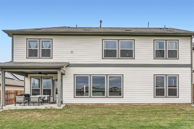 650 Texas Sage Loop, Buda, TX 78610 - rear view of property with a ceiling fan, a patio area, fence, and a lawn