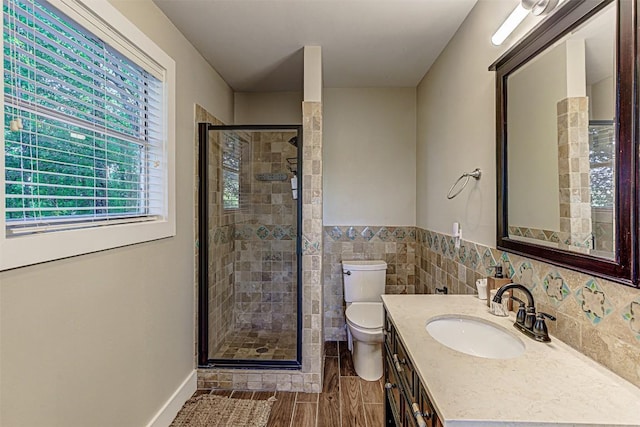 bathroom with a shower stall, vanity, toilet, and a wainscoted wall