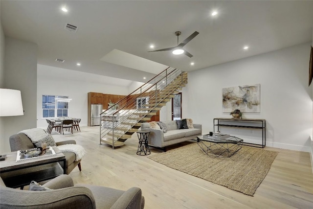 5001 Shoal Creek Blvd, Austin, TX 78756 - living room with stairway, light wood-style flooring, ceiling fan, and recessed lighting