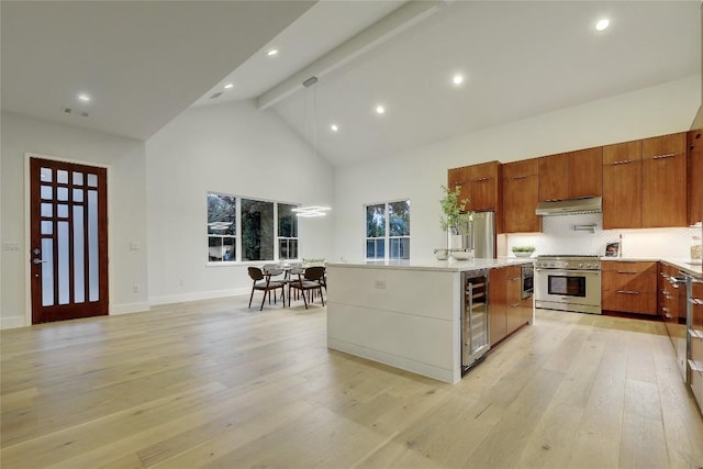 5001 Shoal Creek Blvd, Austin, TX 78756 - kitchen featuring appliances with stainless steel finishes, under cabinet range hood, modern cabinets, beam ceiling, and high vaulted ceiling