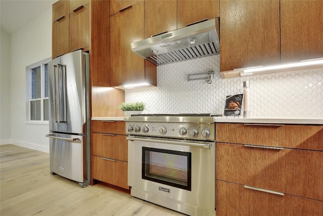 5001 Shoal Creek Blvd, Austin, TX 78756 - kitchen with premium appliances, exhaust hood, light wood-type flooring, and light countertops