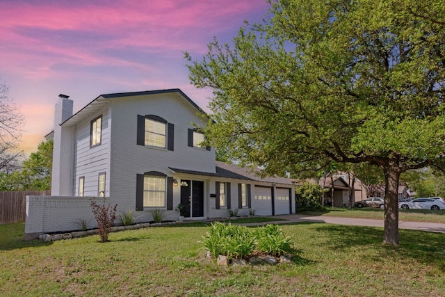 8014 Stillwood Ln, Austin, TX 78757 - traditional home featuring a chimney, fence, a garage, concrete driveway, and a lawn