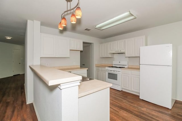 13604 Sierra Wind Ln, Elgin, TX 78621 - kitchen with white appliances, under cabinet range hood, a peninsula, dark wood finished floors, and white cabinets