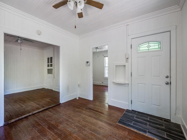 entryway with crown molding, ceiling fan, and hardwood / wood-style flooring