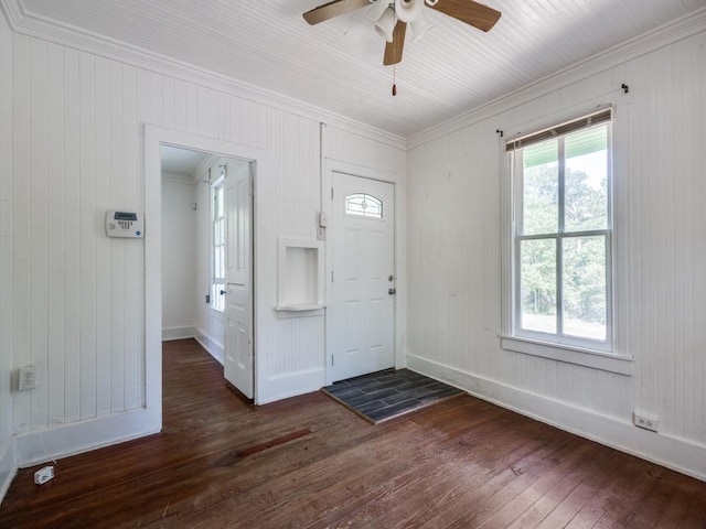 entryway with dark wood-type flooring, crown molding, ceiling fan, and plenty of natural light