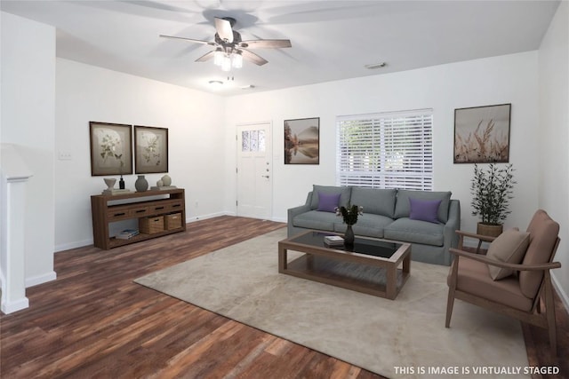 2025 Wayward Sun Dr, Austin, TX 78754 - living room featuring wood finished floors and ceiling fan