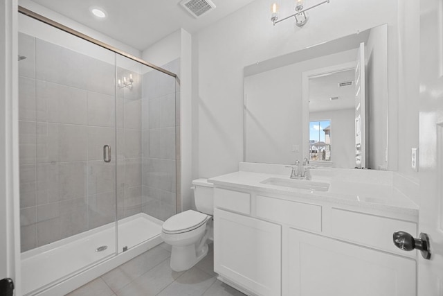 full bathroom featuring toilet, tile patterned floors, visible vents, and a stall shower