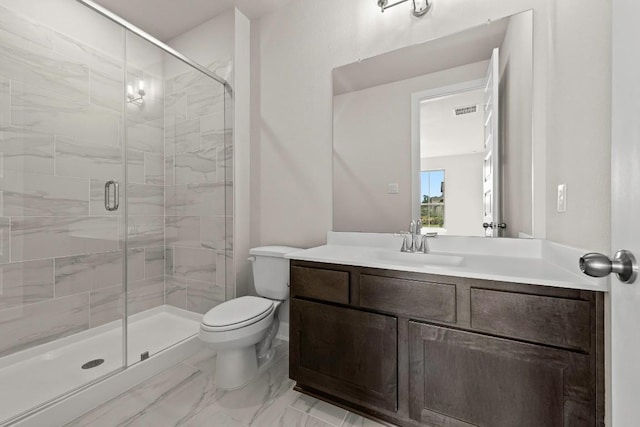 212 Ranchland Pass, Liberty Hill, TX 78642 - bathroom with toilet, vanity, a stall shower, and marble look tile flooring