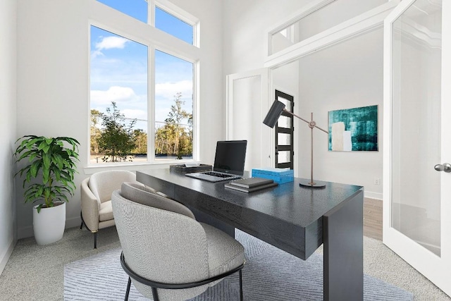 212 Ranchland Pass, Liberty Hill, TX 78642 - carpeted office space featuring baseboards and a towering ceiling