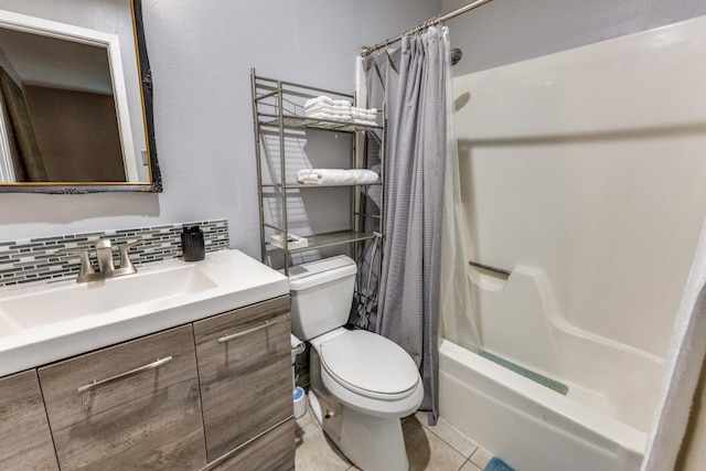 6309 Woodhue Dr, Austin, TX 78745 - full bathroom with toilet, vanity, backsplash, shower / tub combo with curtain, and tile patterned flooring