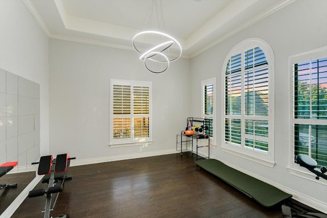workout room featuring crown molding, a tray ceiling, an inviting chandelier, and wood finished floors