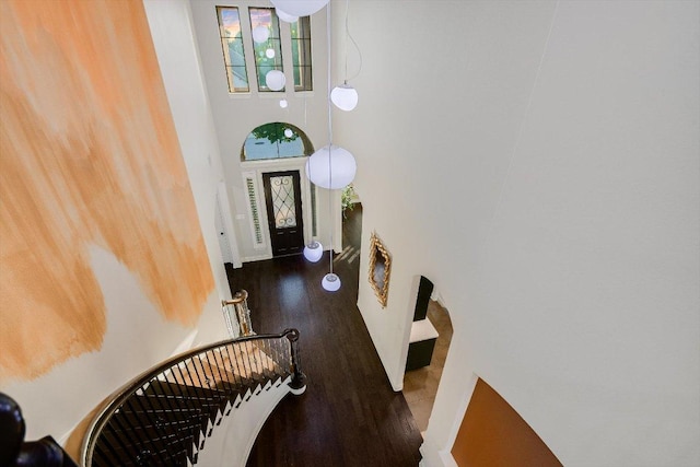 entryway with wood finished floors and a towering ceiling