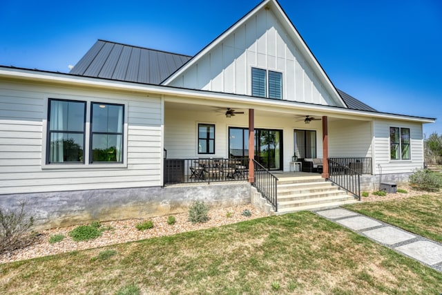 452 Sandy Cemetery Rd, Johnson City, TX 78636 - modern farmhouse featuring board and batten siding, a ceiling fan, a front yard, a porch, and metal roof