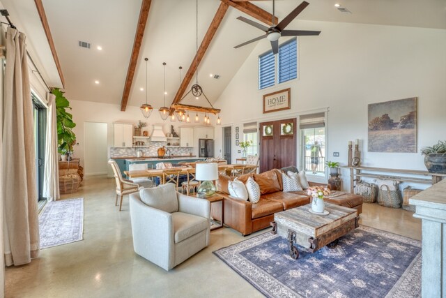 452 Sandy Cemetery Rd, Johnson City, TX 78636 - living area featuring concrete floors, visible vents, a ceiling fan, beam ceiling, and high vaulted ceiling
