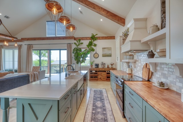 452 Sandy Cemetery Rd, Johnson City, TX 78636 - kitchen with visible vents, open shelves, a sink, stainless steel range with electric cooktop, and butcher block countertops