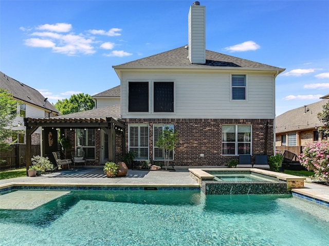 rear view of house with a patio area, a pergola, fence, and brick siding