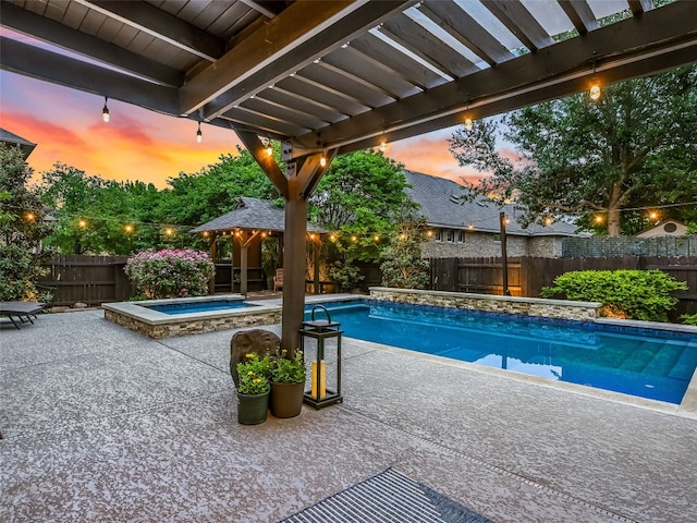 view of pool with a fenced in pool, a fenced backyard, a patio area, an in ground hot tub, and a gazebo