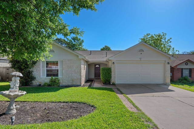 510 Sunny Brook Dr, Leander, TX 78641 - ranch-style home with an attached garage, a front lawn, driveway, and stone siding