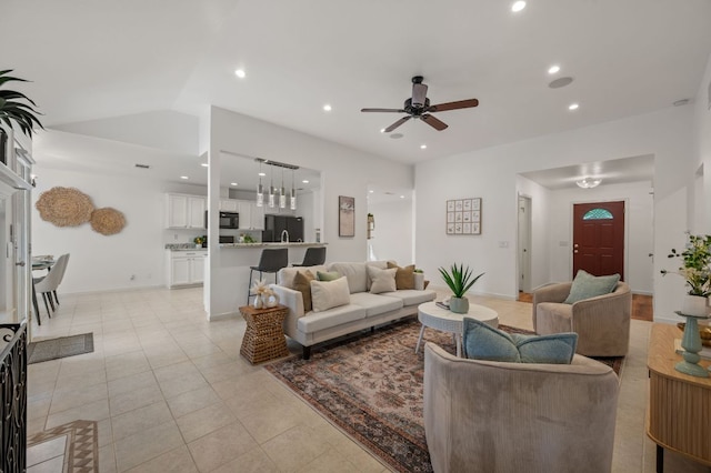 510 Sunny Brook Dr, Leander, TX 78641 - living room featuring a ceiling fan, recessed lighting, light tile patterned floors, and lofted ceiling