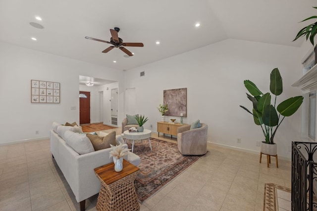 510 Sunny Brook Dr, Leander, TX 78641 - living area featuring ceiling fan, recessed lighting, light tile patterned floors, and vaulted ceiling