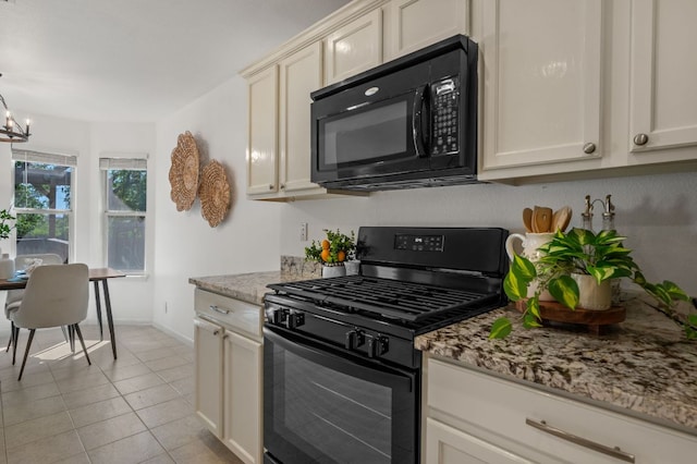 510 Sunny Brook Dr, Leander, TX 78641 - kitchen with black appliances, light tile patterned floors, light stone countertops, and a chandelier