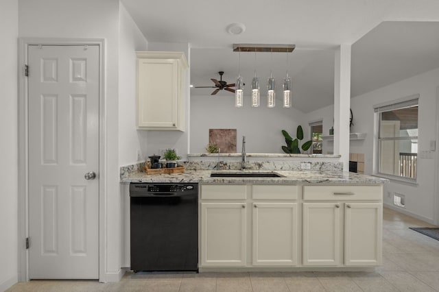 510 Sunny Brook Dr, Leander, TX 78641 - kitchen featuring black dishwasher, light stone countertops, ceiling fan, decorative light fixtures, and light tile patterned floors