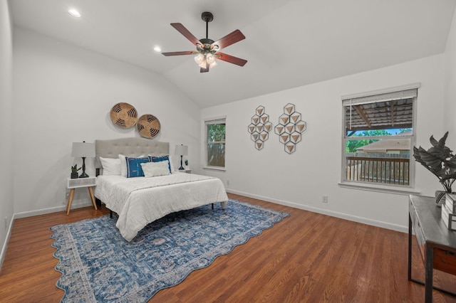 510 Sunny Brook Dr, Leander, TX 78641 - bedroom with wood finished floors, lofted ceiling, ceiling fan, and recessed lighting