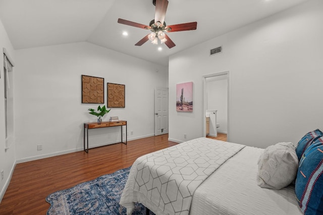 510 Sunny Brook Dr, Leander, TX 78641 - bedroom with wood finished floors, lofted ceiling, recessed lighting, and ceiling fan