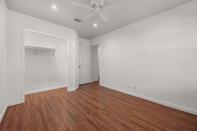 510 Sunny Brook Dr, Leander, TX 78641 - unfurnished bedroom featuring wood finished floors, recessed lighting, a closet, and ceiling fan