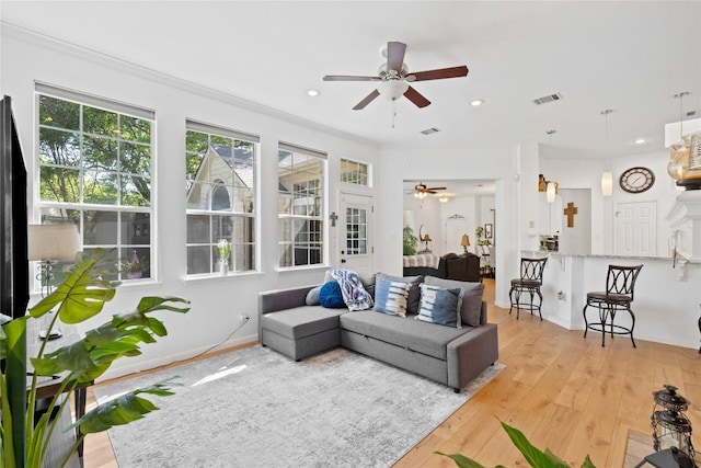 4010 Halfway Cv, Round Rock, TX 78681 - living room with visible vents, ceiling fan, light wood-type flooring, and recessed lighting