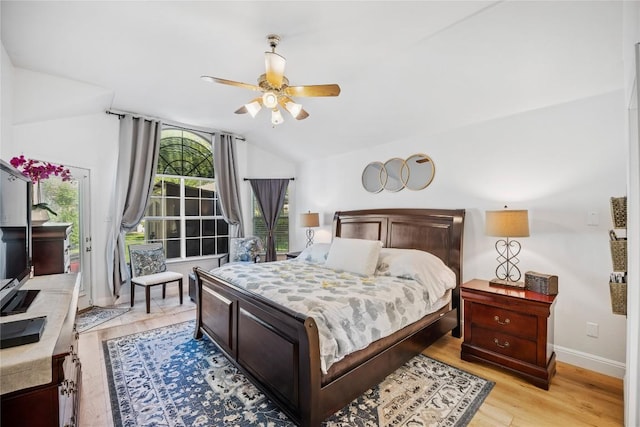 4010 Halfway Cv, Round Rock, TX 78681 - bedroom with ceiling fan, light wood-type flooring, access to exterior, lofted ceiling, and baseboards