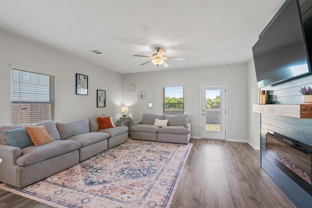 506 Windy Reed Rd, Hutto, TX 78634 - living room featuring wood finished floors, a ceiling fan, and a glass covered fireplace
