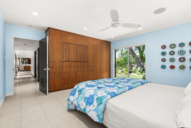 5322 Western Hills Dr, Austin, TX 78731 - bedroom featuring dark aggregate flooring, access to outside, recessed lighting, a ceiling fan, and baseboards