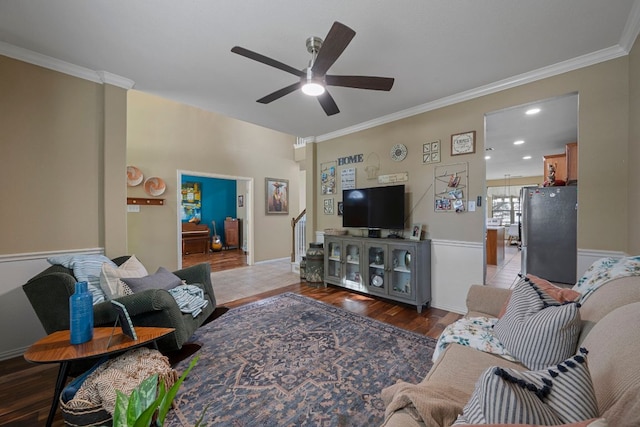 20300 Wayzata Ct, Pflugerville, TX 78660 - living area with ceiling fan, crown molding, and wood finished floors