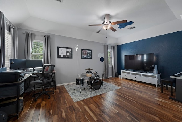 20300 Wayzata Ct, Pflugerville, TX 78660 - office area featuring a ceiling fan, wood finished floors, and vaulted ceiling