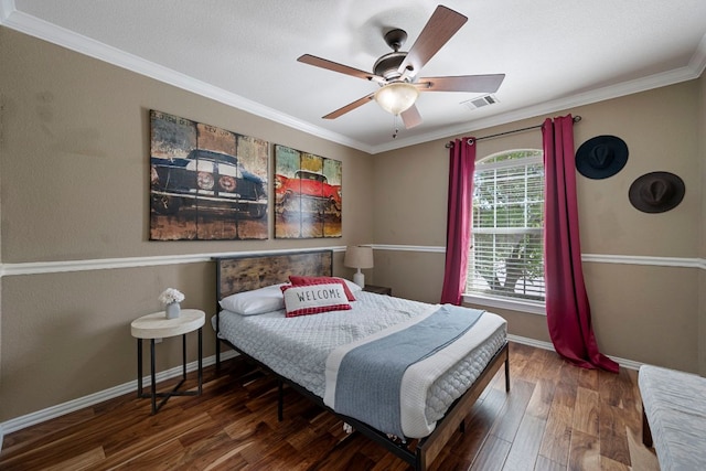 20300 Wayzata Ct, Pflugerville, TX 78660 - bedroom with wood finished floors, ornamental molding, and ceiling fan