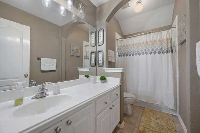 20300 Wayzata Ct, Pflugerville, TX 78660 - full bath featuring vanity, tile patterned floors, shower / bathtub combination with curtain, and lofted ceiling