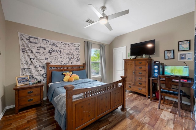 20300 Wayzata Ct, Pflugerville, TX 78660 - bedroom featuring vaulted ceiling, wood finished floors, and a ceiling fan