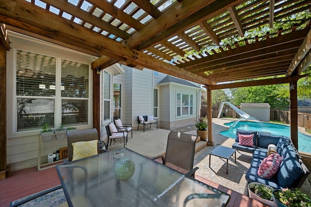 20300 Wayzata Ct, Pflugerville, TX 78660 - fenced backyard with outdoor dining area, a pergola, a storage shed, a patio, and an outdoor hangout area