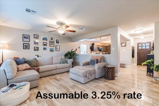 531 Wind Murmur, New Braunfels, TX 78130 - living room with ceiling fan, visible vents, and light wood-style flooring